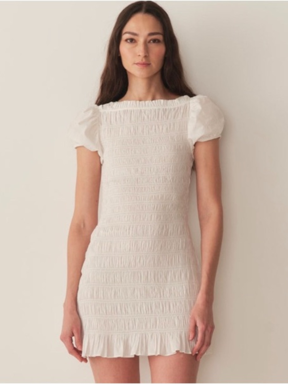 NWT DÔEN Rizzo Dress Salt White Organic Cotton Smocked Mini Puff Sleeve M, L